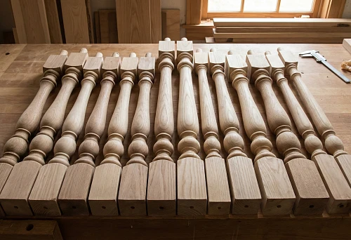 Wooden Baluster Dimensions According to GOST: A Row of Turned Blanks on a Workbench, Uniform Shape and Prepared Square Bases.