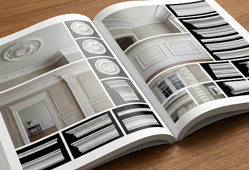 Catalog of polyurethane stucco: open journal with photos of interiors, facades and profiles of cornices, moldings and rosettes