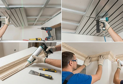 Installation of slatted panels to the ceiling on a metal frame with laser marking and manual panel adjustment