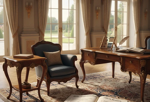 A classic study with carved furniture, a writing desk, and an armchair, with an open project estimate on the floor &mdash; a visual illustration of the factors determining the price of classical furniture.
