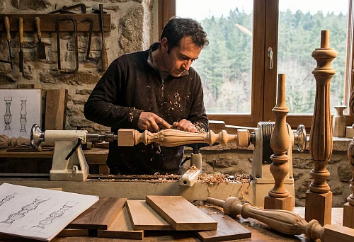 A craftsman makes a wooden baluster on a lathe, forming a unique profile according to a sketch