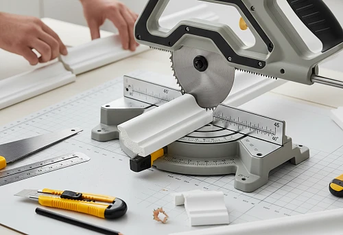 Cutting Polystyrene Molding on a Miter Saw Using Tools for Precise Installation