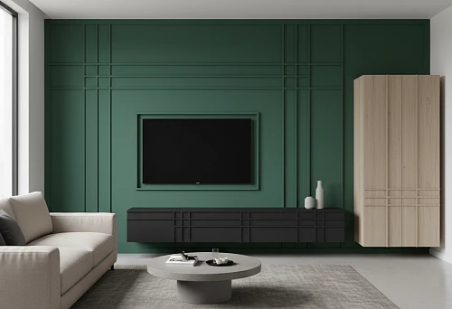 Modern Living Room with Decorative MDF Panel Layout on Wall and Furniture