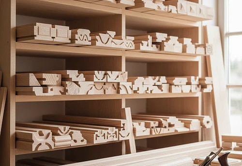 Shelves with Beech Molding Blanks in a Carpentry Workshop