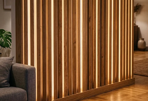 Slat panels with backlighting in an interior with warm light and expressive wood texture