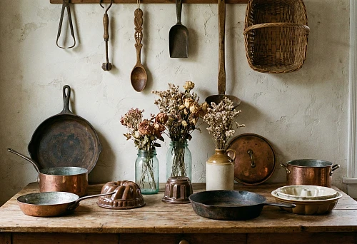 Elements of Decorative Art in the Kitchen: Copper Cookware, Cast Iron Pans, and Dried Flowers on a Wooden Table