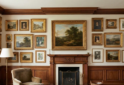 Interior decor: paintings in golden and wooden frames, wooden cornice and wall panels around the fireplace