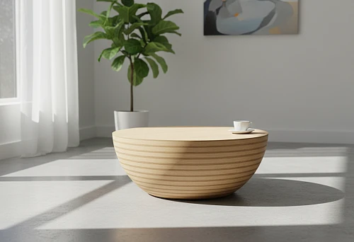 Modern table base in the form of a low, rounded wooden structure with a smooth surface