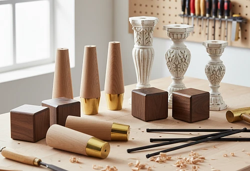 Different types of furniture legs &mdash; cone-shaped with brass bottoms, ornate carved ones, and cubic wooden legs &mdash; are laid out on a carpenter's workbench with tools and wood shavings.