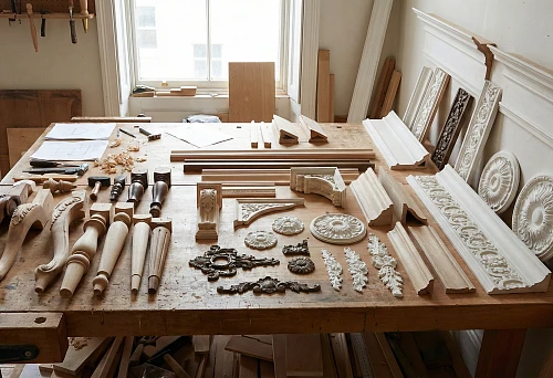 Furniture and interior decor elements on the workbench: legs, moldings, cornices, rosettes, and overlays