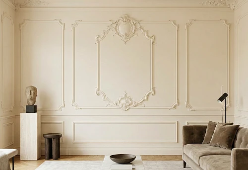 Wall Molding and Plaster Decor in a Light Living Room &mdash; Large Frames and a Central Panel with Ornament, Accent Wall Without Overloading Details, Neutral Furniture and Soft Daylight