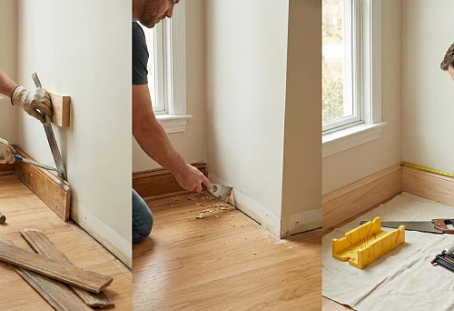 Dismantling a wooden baseboard: carefully prying the plank with a pry bar without chips on the wall
