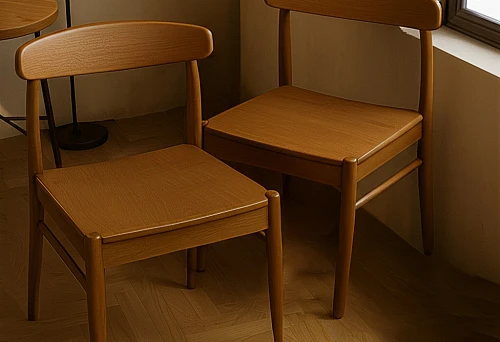 Two wooden chairs in a minimalist interior with soft light by the window