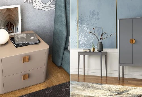 Elegant wooden tables and furniture in a modern classic interior