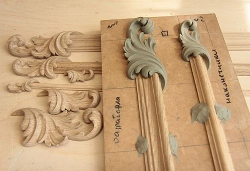 Set of Carved Wooden Elements and Blankets with Detailed Ornament Work