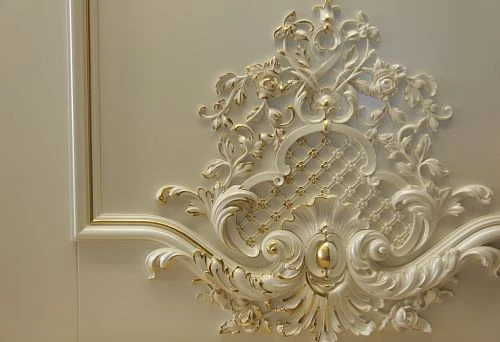 Luxurious interior with volumetric decorative elements and intricate wall patterns.