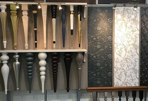 Display case with a variety of furniture legs in different shapes and styles