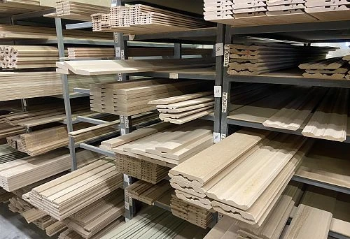 Warehouse with Sorted Rough and Trim Stock of Solid Wood in Various Shapes