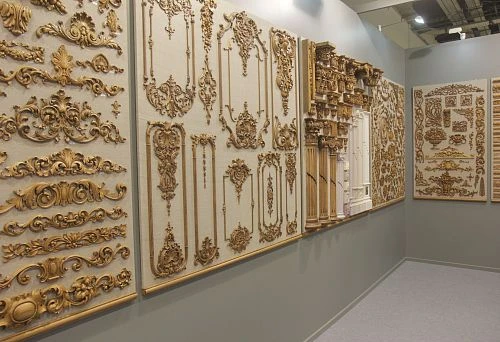 Collection of overlay decorations for doors and panels on display