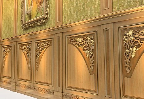 Luxurious decorative panels made of natural wood with artistic carving and gold elements