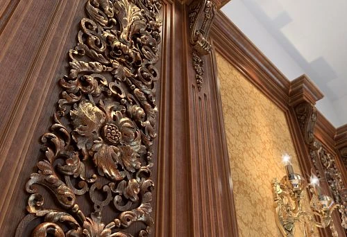 Elegant interior with wooden panels, carving, and gilded elements.