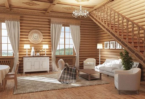 Interior of a wooden house with a beautiful carved staircase, classic furniture, and elements of traditional decor.
