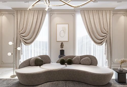 Modern living room with a designer sofa of organic shape