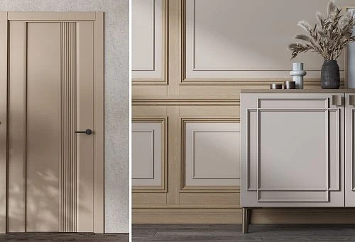 Interior with Wooden Profiles, Doors, and Furniture Elements.