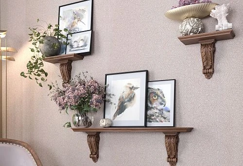 Wall Shelves Made of Natural Wood with Carved Brackets, Decorated with Plants