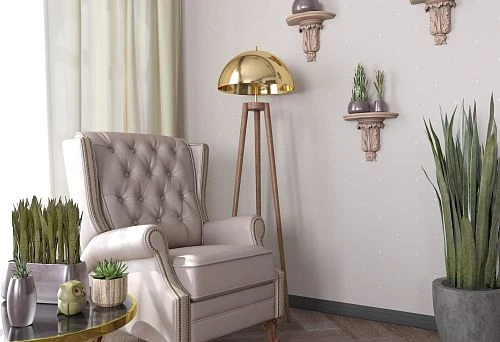Modern interior with wooden countertop, soft chair and green plants