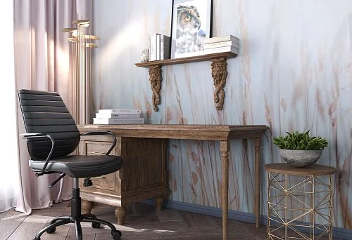 Modern study with a desk and shelf made of natural wood