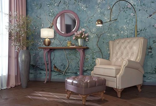 Interior with a leather chair on wooden legs, round table, console, and mirror, styled in a natural style