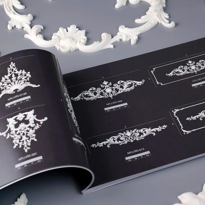 Close-up of polyurethane stucco decor samples in the SOPU-001 showcase tray