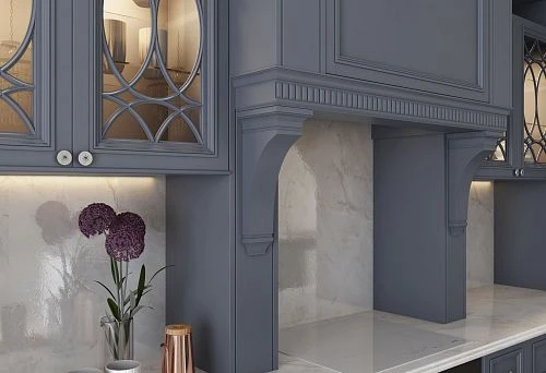 Modern kitchen in 2025 in gray-blue color with glass panel fronts