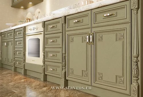 Classic kitchen with carved fronts and ceramic handles is trending in ideal apartment furnishing for 2025
