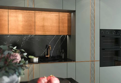 2025 Designer Kitchen with Matte Gray-Green and Gold-Finish Cabinets