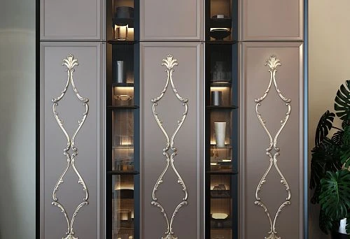 Solid wood wardrobe with decorative carving and display cases, modern interior          Ask ChatGPT