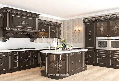 Luxury kitchen furniture in classic style with dark fronts and silver carving