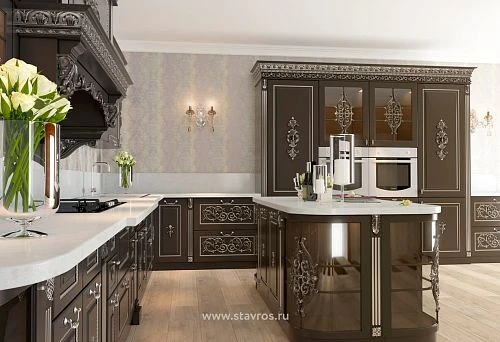 Modern luxurious kitchen with exclusive carved decor, stylish fronts, thoughtful layout, and hardware accents