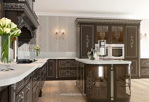 Luxurious classic kitchen with decorative carving and marble countertop in turnkey furniture design