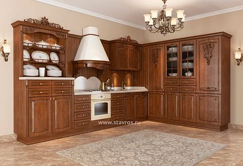Luxurious Kitchen Set in Classic Style Made of Natural Wood with Decorative Carving and Display Panels