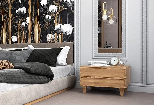 Modern bedroom interior with designer bed and bedside table made of natural wood against decorative paneling