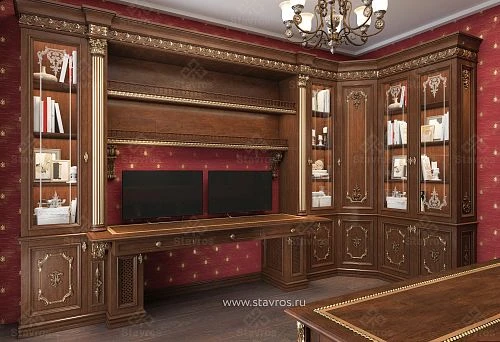 Spacious office with classic wooden furniture, built-in cabinets and display cases, decorated in rich red and gold tones.