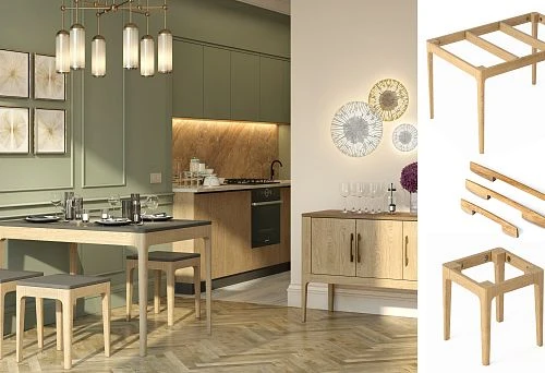 Modern kitchen with solid wood frame furniture: table, stools, and cabinet