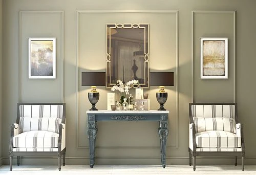 Classic wooden set: console with carving and two chairs in a modern interior