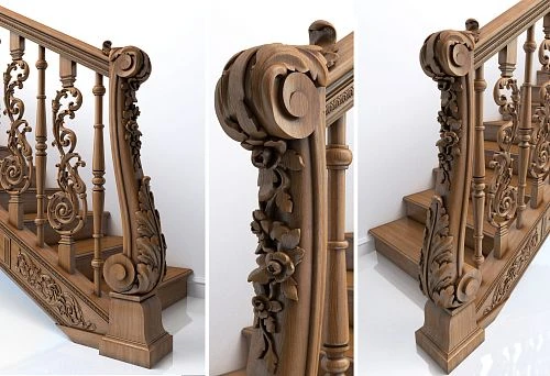 Classic Stair Railing from Solid Wood with Carved Balusters and Decorative Elements