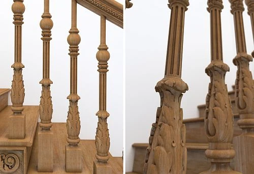 Close-up of intricately carved wooden balusters professionally installed on staircase steps and railings