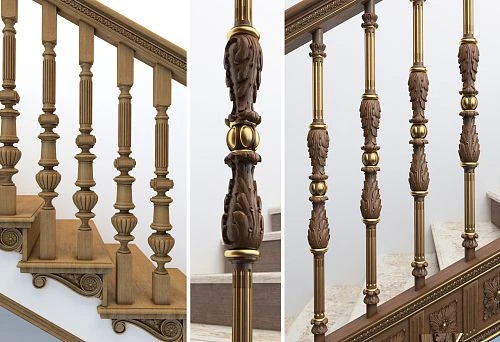 Overall view of a staircase with carved wooden and gilded balusters