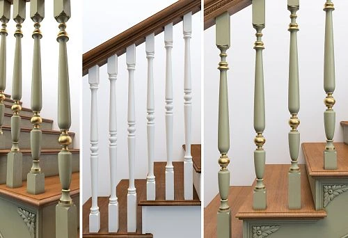 Staircase plan with painted and golden balusters, focus on professional installation