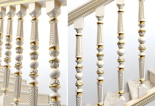 Decorative wooden balusters with carving and gold accents on a light staircase